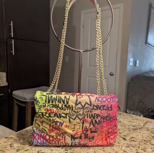 Colorful Graffiti Chain Shoulder Bag Quilted NWOT